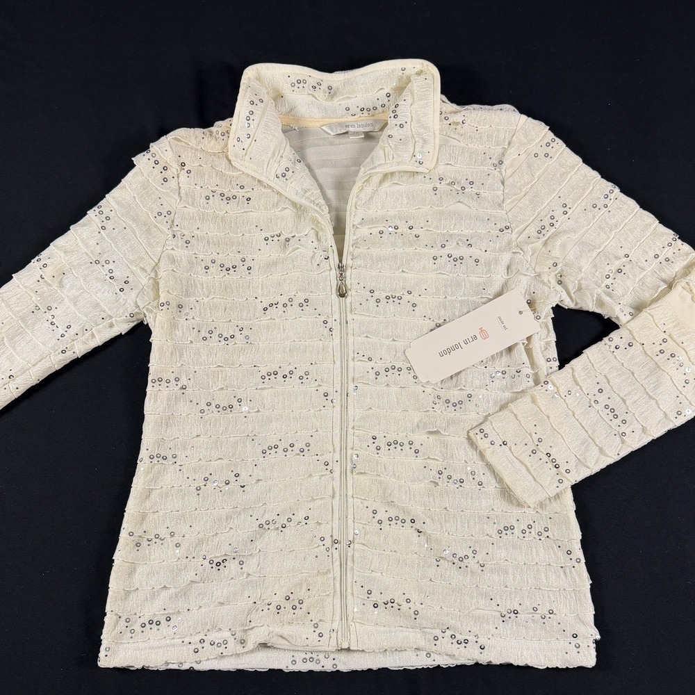Erin London Womens PM Petite‎ White Sequin Ruffle Full Zip Jacket Shimmer NWT